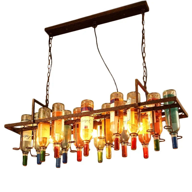 American Retro Industrial Rust Metal Colored Wine Bottle Glass Chandelier Coffee Shop Bar Restaurant LED Decorative Pendant Lamp