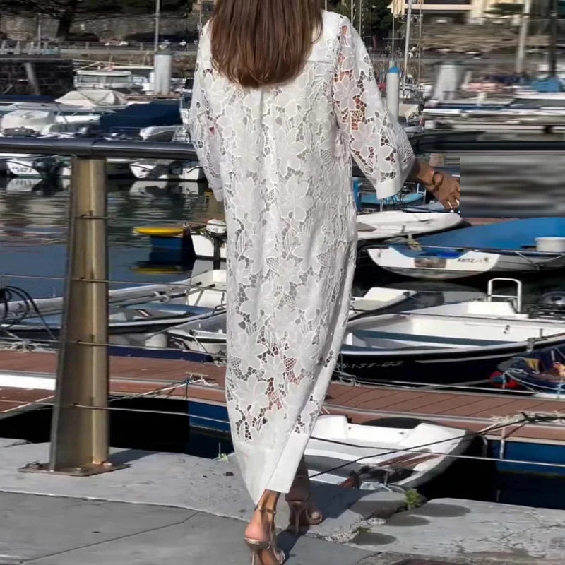 Spring Sexy V Nec Lace Embroidered Hollow Dress 2 Piece set Vintage Solid Color Casual Loose Holiday Pullover Women Long Dresses