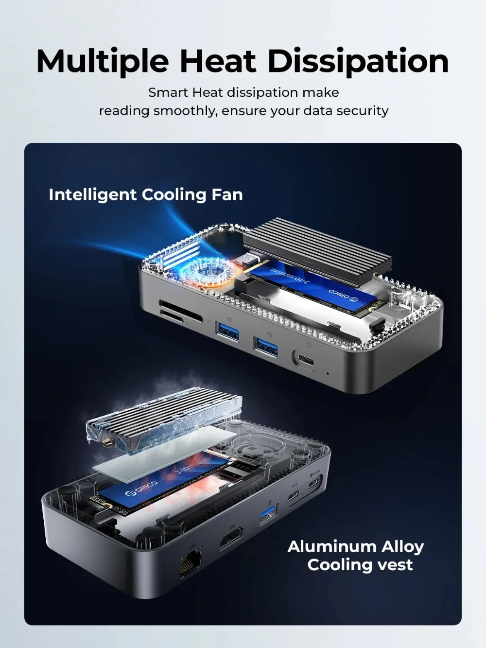 ORICO M.2 NVMe SSD Enclosure with 9-in-1 USB C HUB 10Gbps External RJ45 SD Docking Station with Cooling Fan for Laptop MacBook