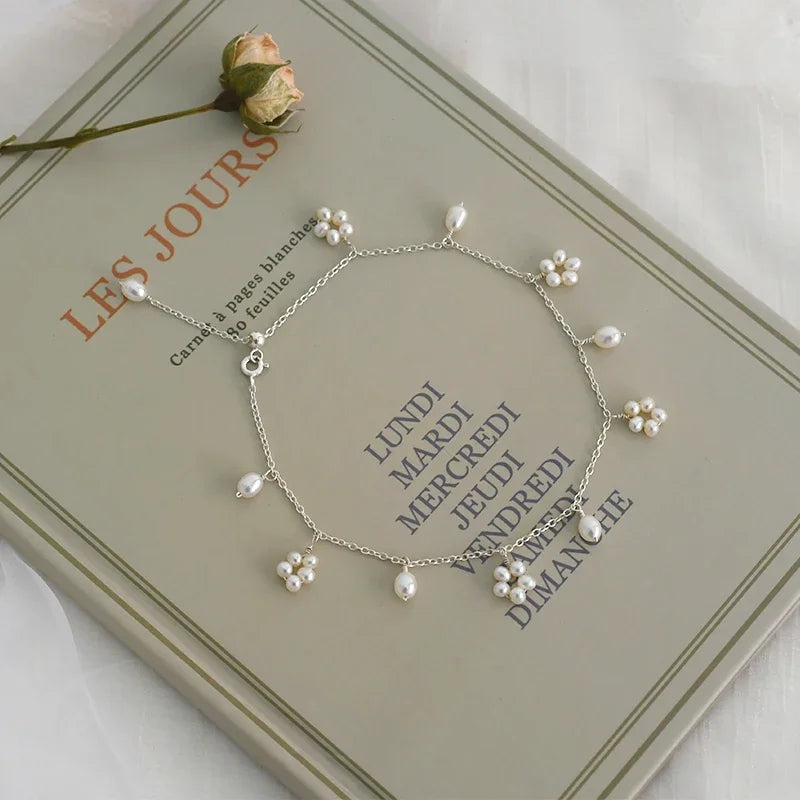 ASHIIQI Natural Freshwater Pearl Anklet Genuine 925 Sterling Silver Handmade Jewelry Wedding Jewelry Lady