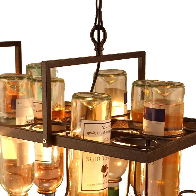 American Retro Industrial Rust Metal Colored Wine Bottle Glass Chandelier Coffee Shop Bar Restaurant LED Decorative Pendant Lamp