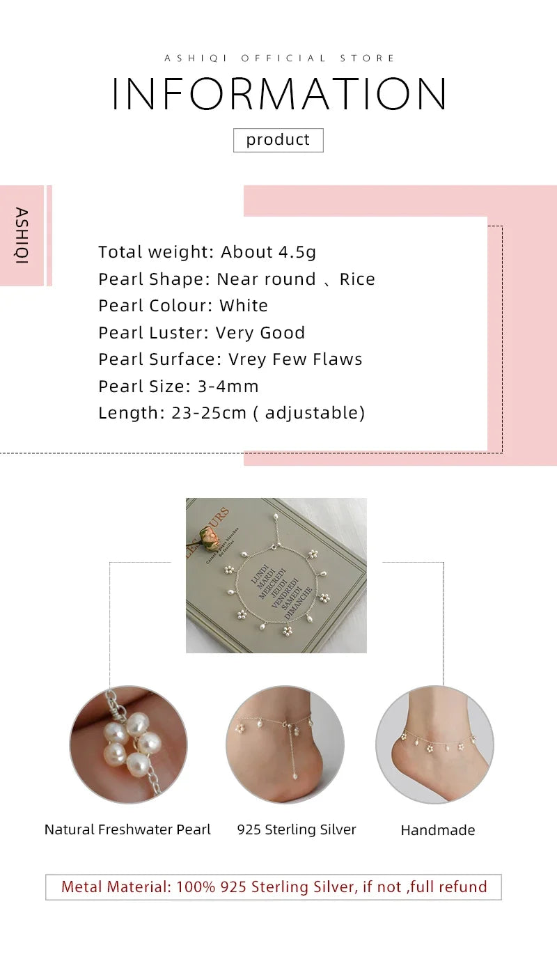 ASHIIQI Natural Freshwater Pearl Anklet Genuine 925 Sterling Silver Handmade Jewelry Wedding Jewelry Lady