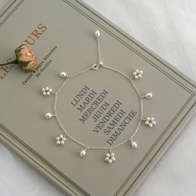 ASHIIQI Natural Freshwater Pearl Anklet Genuine 925 Sterling Silver Handmade Jewelry Wedding Jewelry Lady