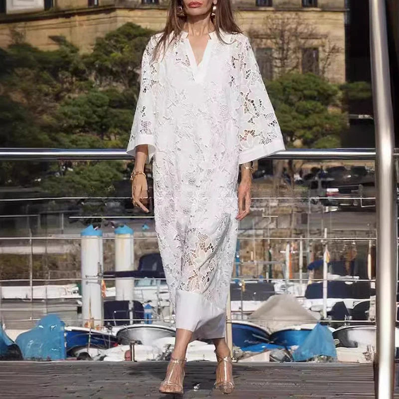 Spring Sexy V Nec Lace Embroidered Hollow Dress 2 Piece set Vintage Solid Color Casual Loose Holiday Pullover Women Long Dresses