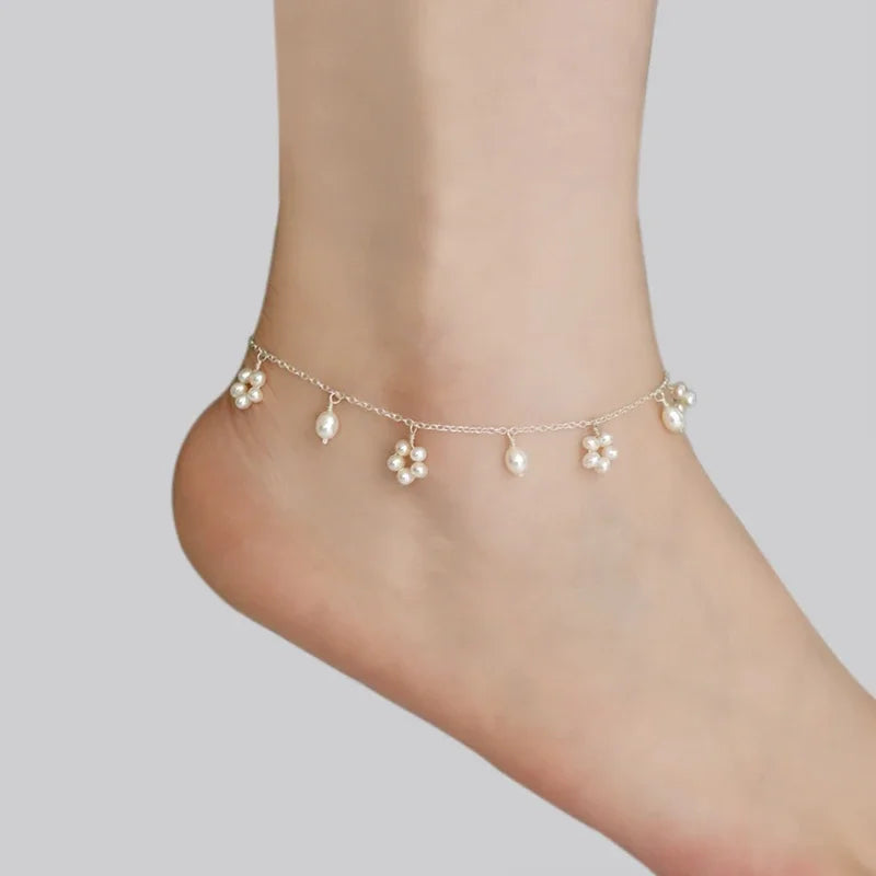 ASHIIQI Natural Freshwater Pearl Anklet Genuine 925 Sterling Silver Handmade Jewelry Wedding Jewelry Lady