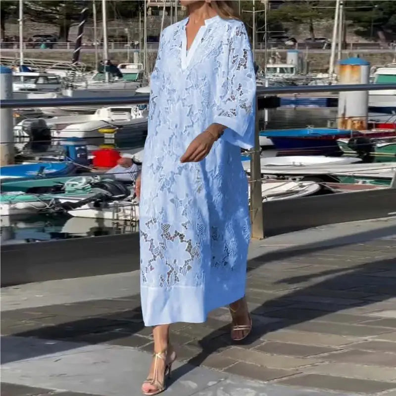 Spring Sexy V Nec Lace Embroidered Hollow Dress 2 Piece set Vintage Solid Color Casual Loose Holiday Pullover Women Long Dresses